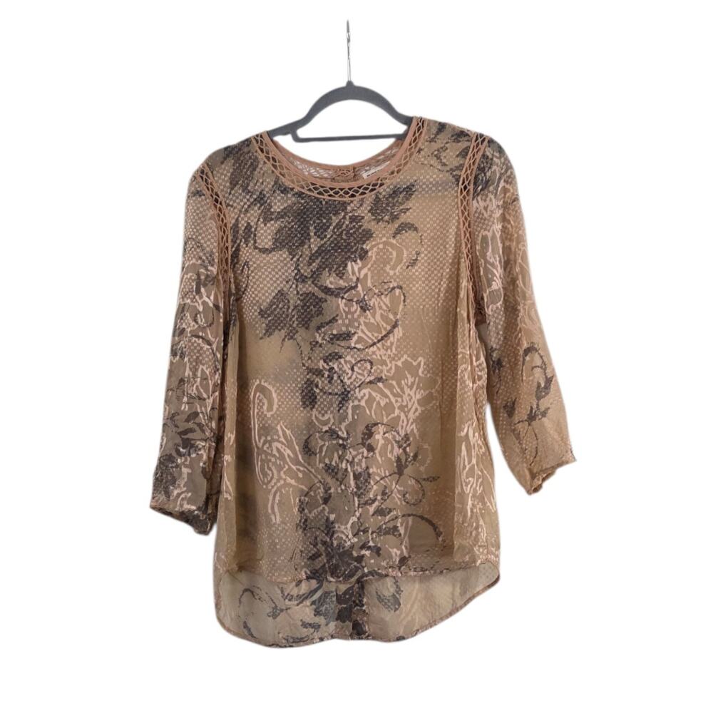 Meadow Rue Anthropologie Champagne Beige Sheer Floral Button Back Shirt, Medium